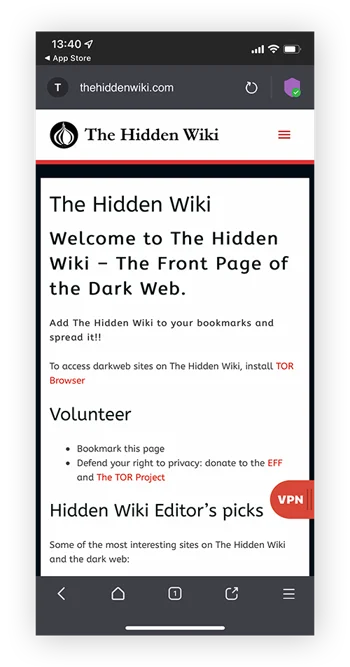通过 Tor 浏览器访问隐藏维基，暗网的非官方维基百科。